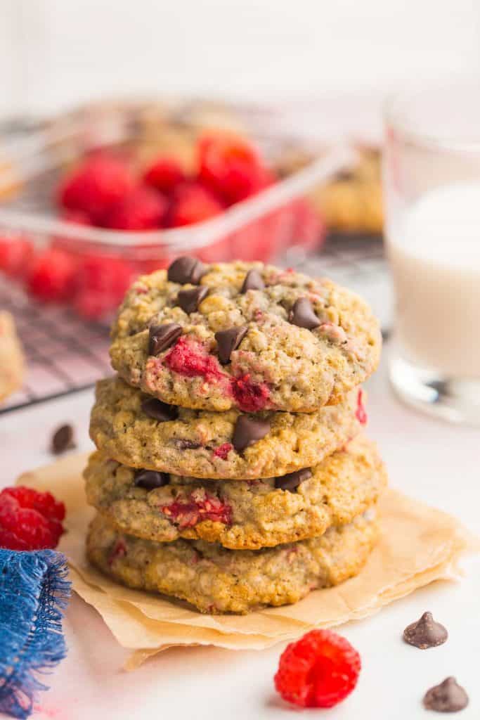 stack of Oatmeal Raspberry Chocolate Chip Cookies 