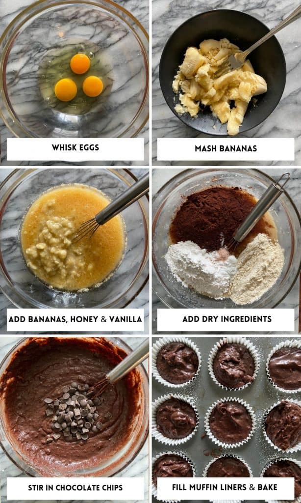 a collage of steps showing how to make paleo banana muffins
