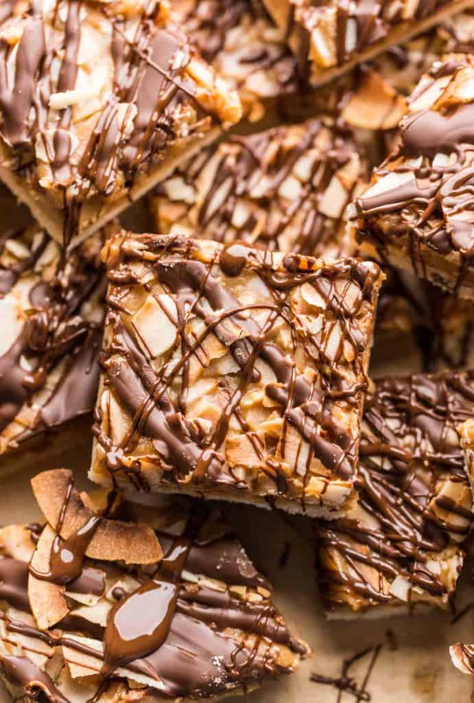 sliced of No Bake Samoas Cookie Bars piled together