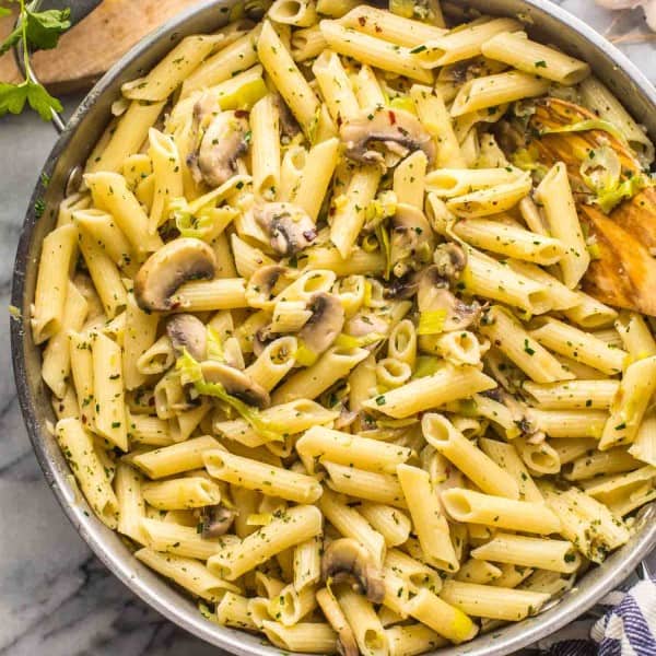 Leek and Mushroom Pasta in a skillet