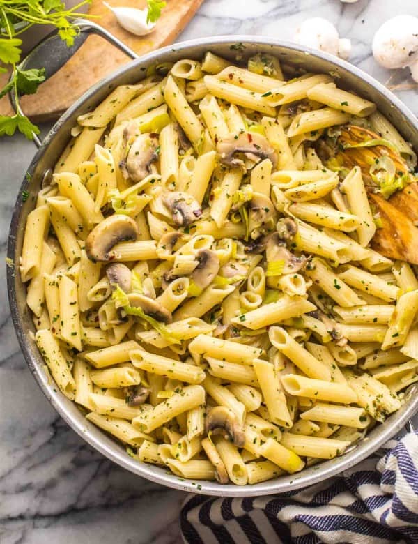 Leek and Mushroom Pasta in a skillet