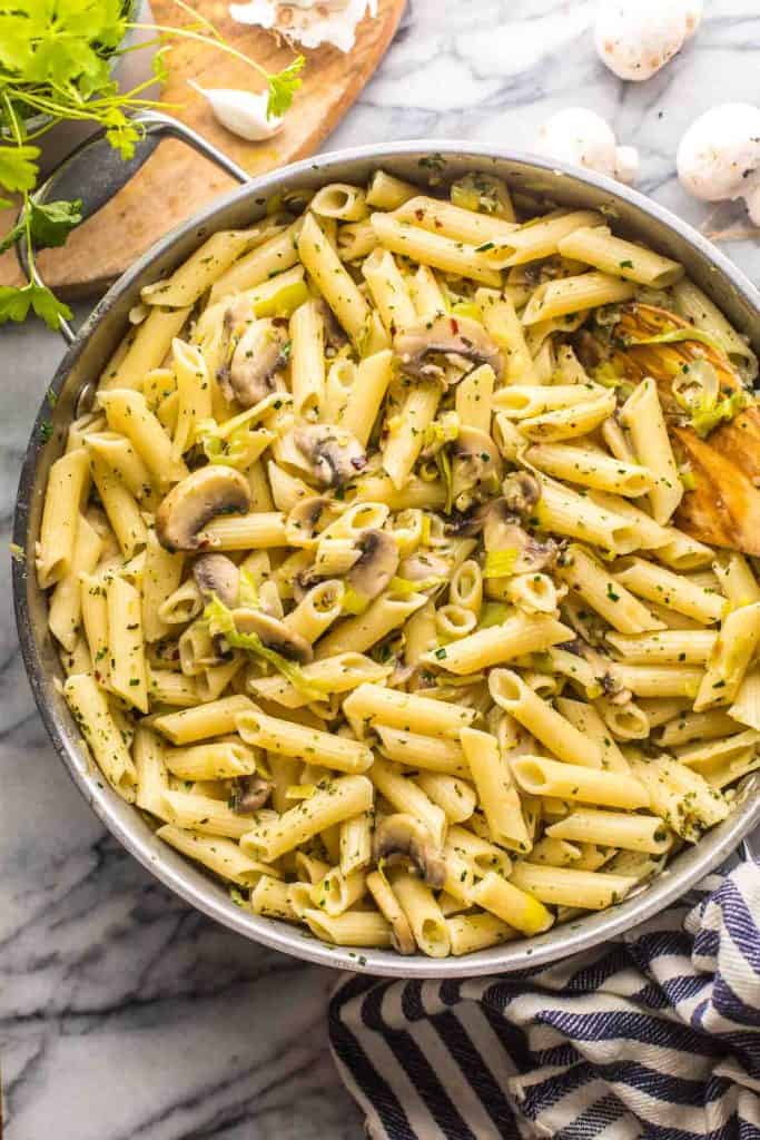 Leek and Mushroom Pasta in a skillet 