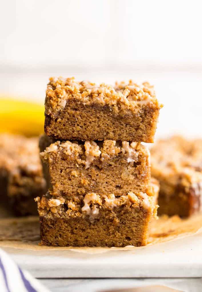 three slices of Paleo Banana Coffee Cake stacked