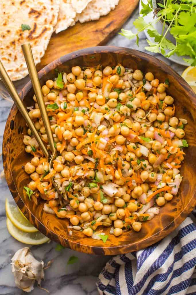 Sweet Shallot Chickpea Salad in a salad bowl