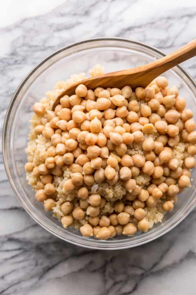 chickpeas and quinoa in a big salad bowl
