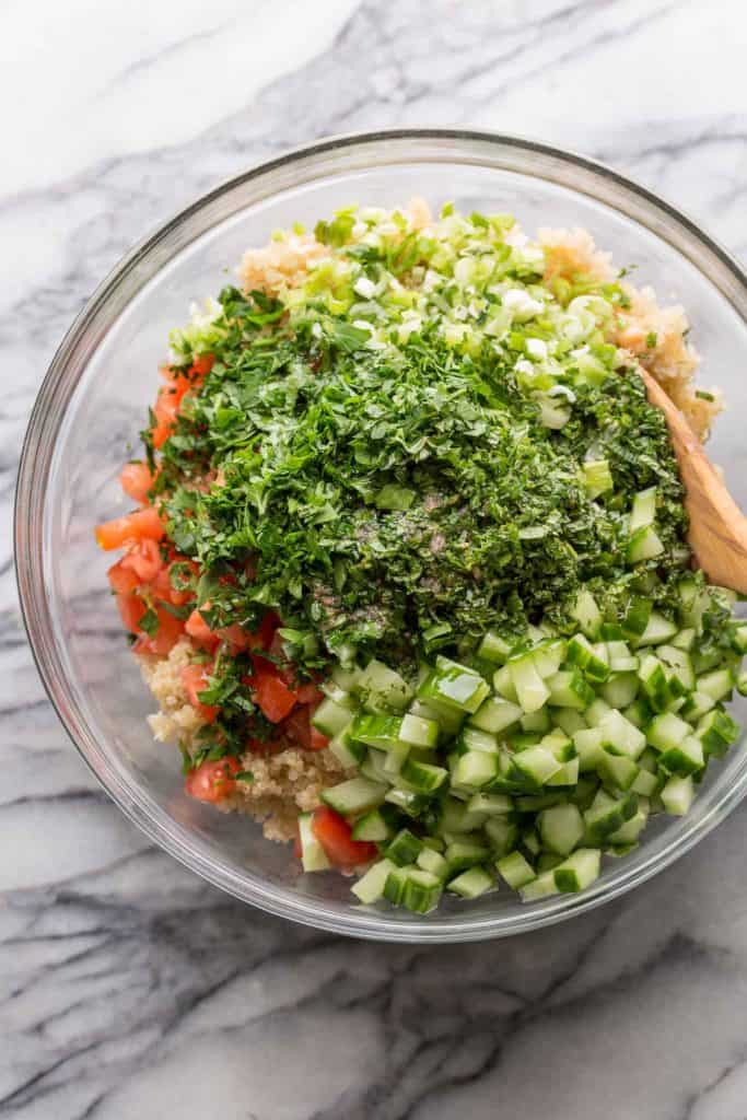 Tabbouleh Chickpea Quinoa Salad - all the ingredients unmixed in a big bowl