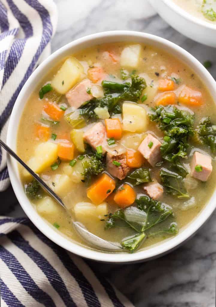 Dairy Free Ham and Potato Soup in a soup bowl