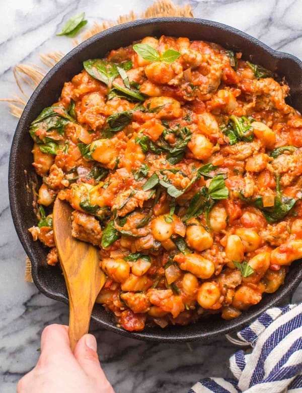 Fennel & Spinach Sausage Gnocchi in a large cast iron skillet