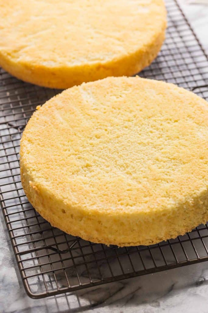 Gluten Free Victoria Sponge Cake unfrosted cooling on a wire rack