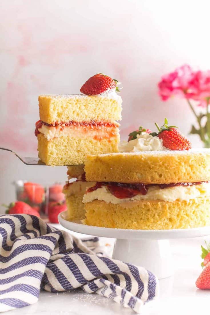 slice of Gluten Free Victoria Sponge Cake held up