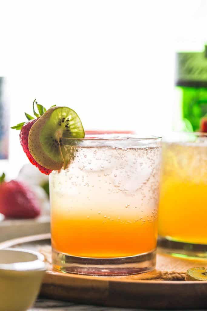 Strawberry Kiwi Gin & Tonic in a tumbler garnished with fruit