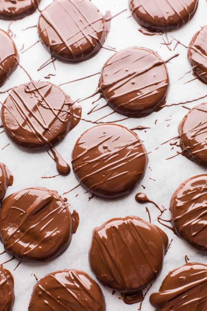 Gluten Free Thin Mints freshly dipped in chocolate