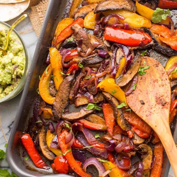 Portobello Mushroom Fajitas in a roasting tin