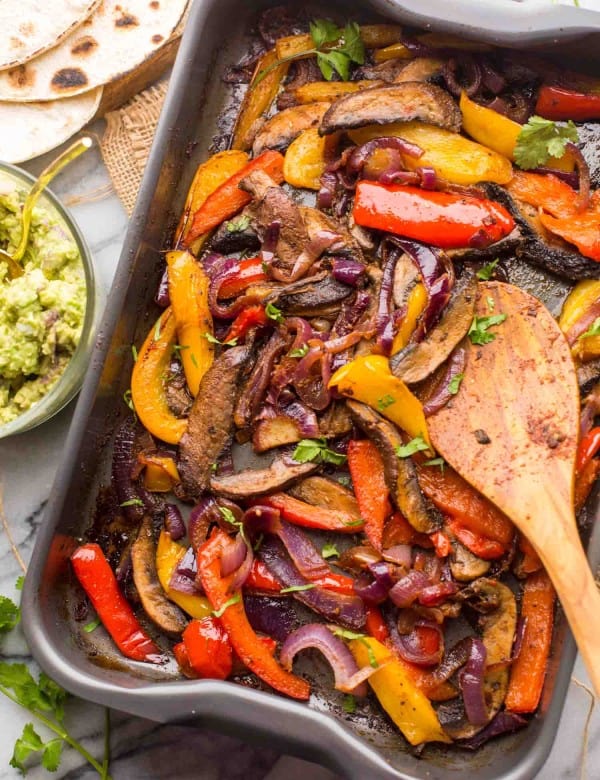 Portobello Mushroom Fajitas in a roasting tin