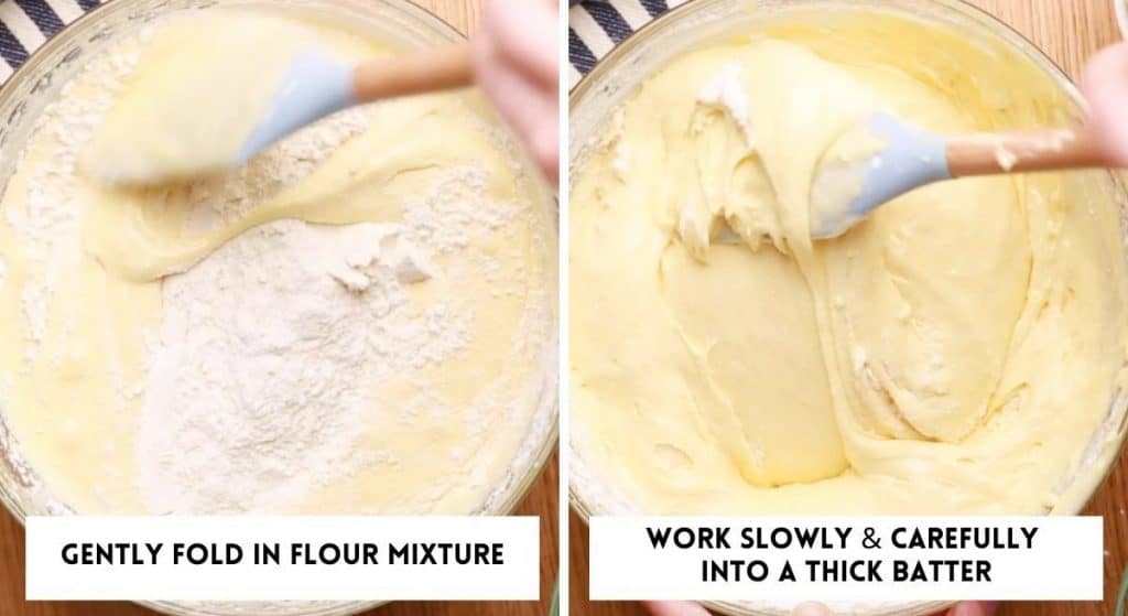 collage showing how to gently fold flour into cake batter