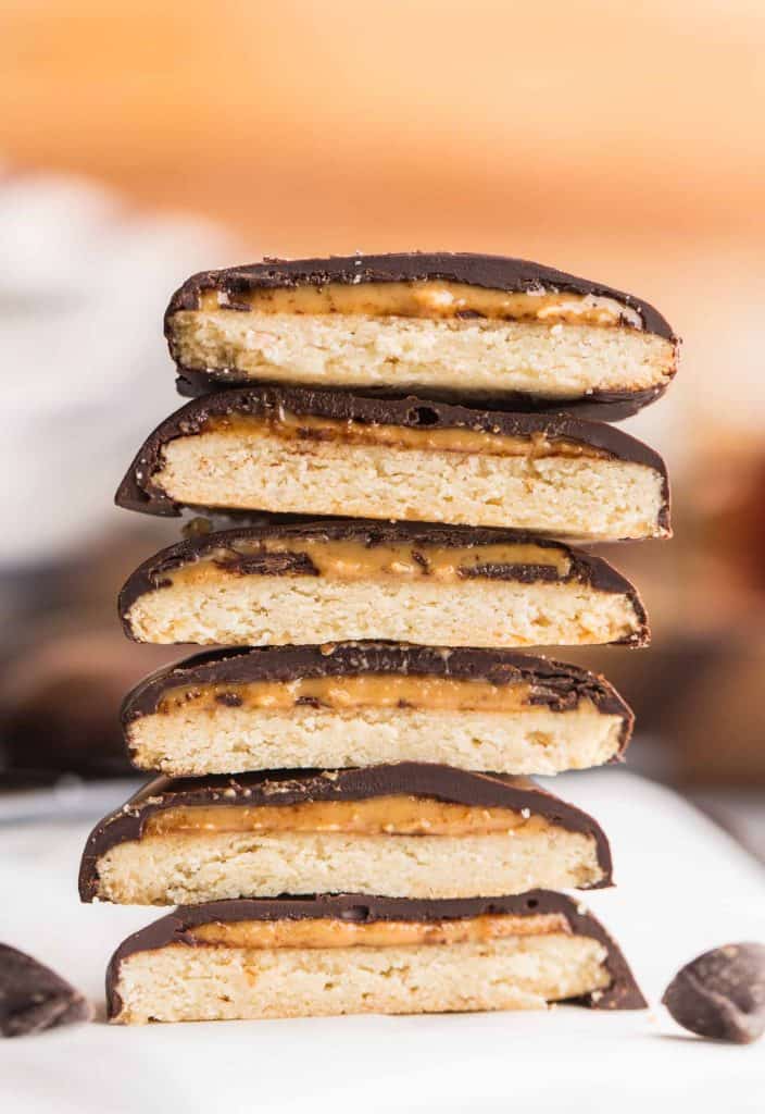 a stack of Tagalongs cookies cut in half