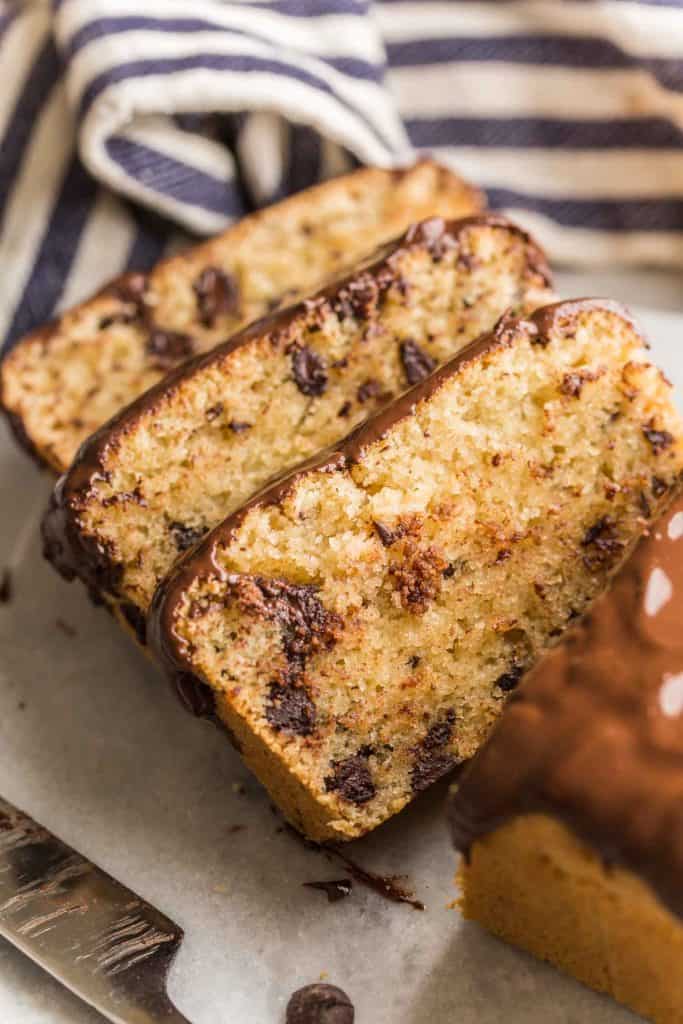 Grain Free Chocolate Chip Loaf Cake slices up close