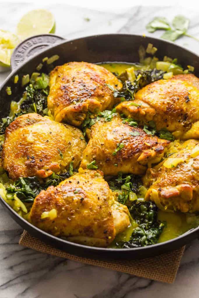 One Pan Coconut Turmeric Chicken Thighs in a skillet