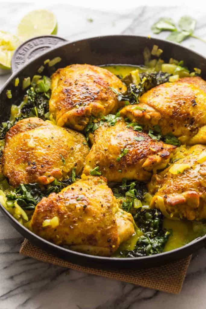 One Pan Coconut Turmeric Chicken Thighs in a skillet