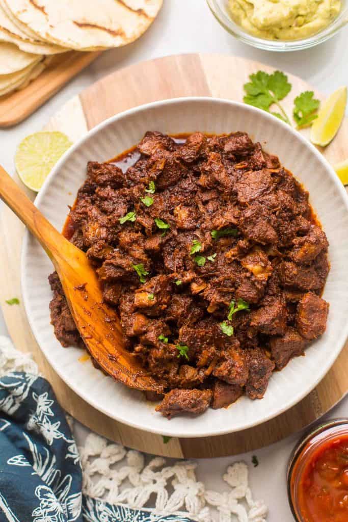 Instant Pot Adobada Tacos in a serving bowl