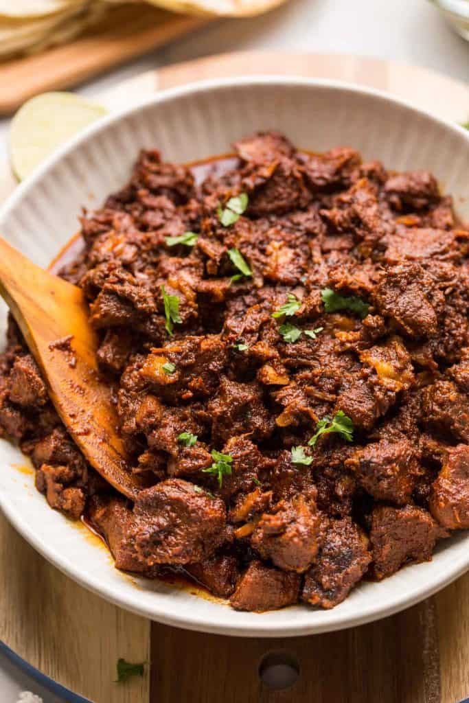 Instant Pot Adobada Tacos shredded in a bowl