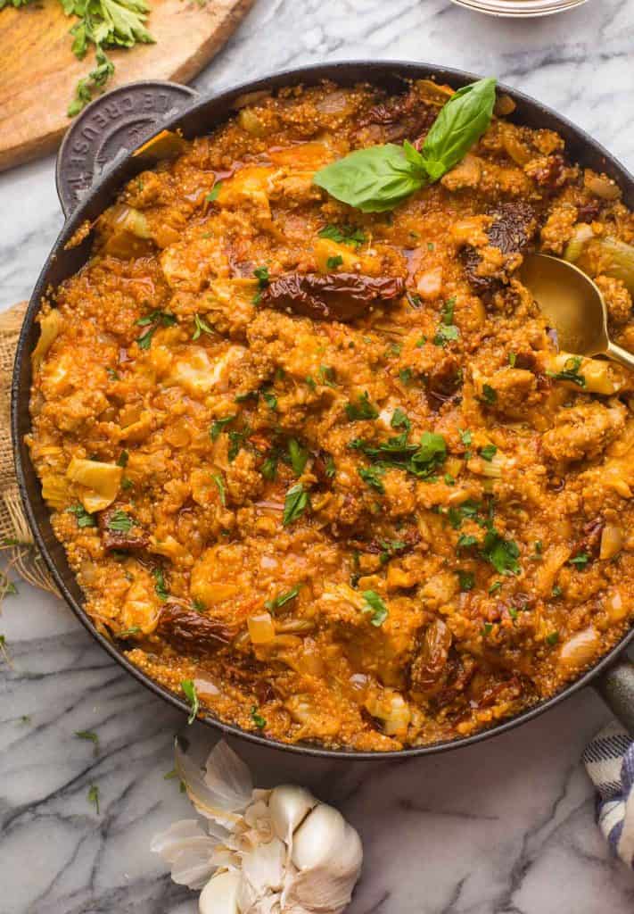 Stove Top Italian Sausage Quinoa Casserole in a large skillet