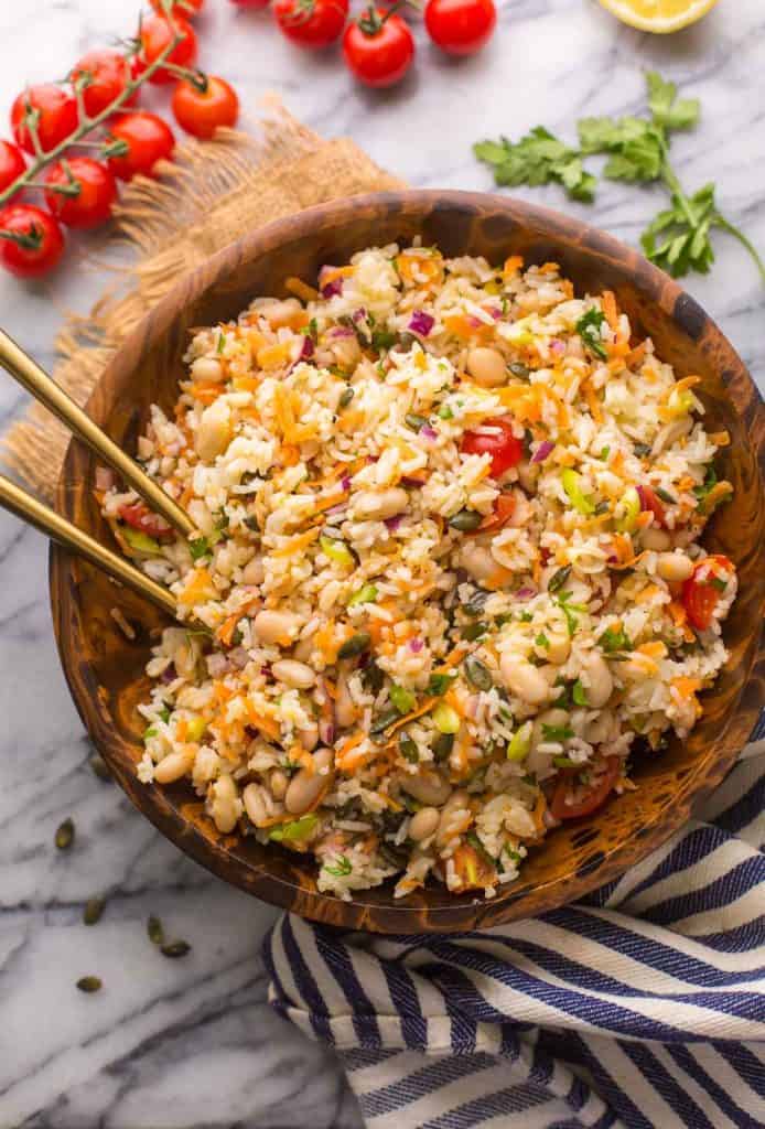 rice salad in a wooden bowl