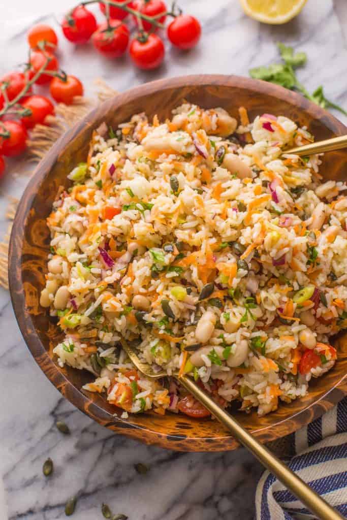 bean and rice salad mixed together in salad bowl
