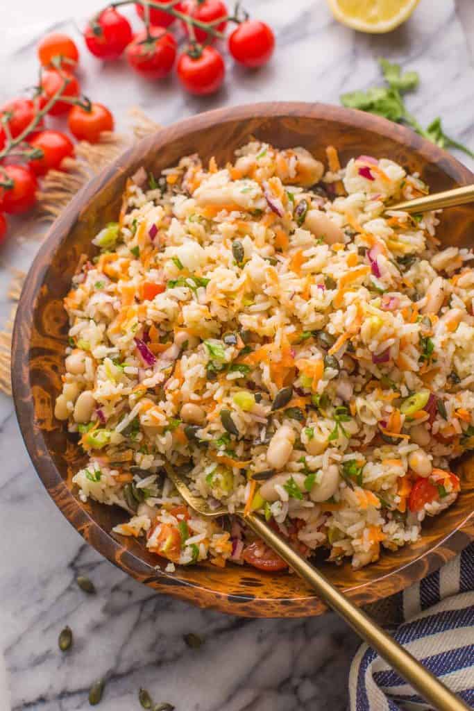 bean and rice salad mixed together in salad bowl