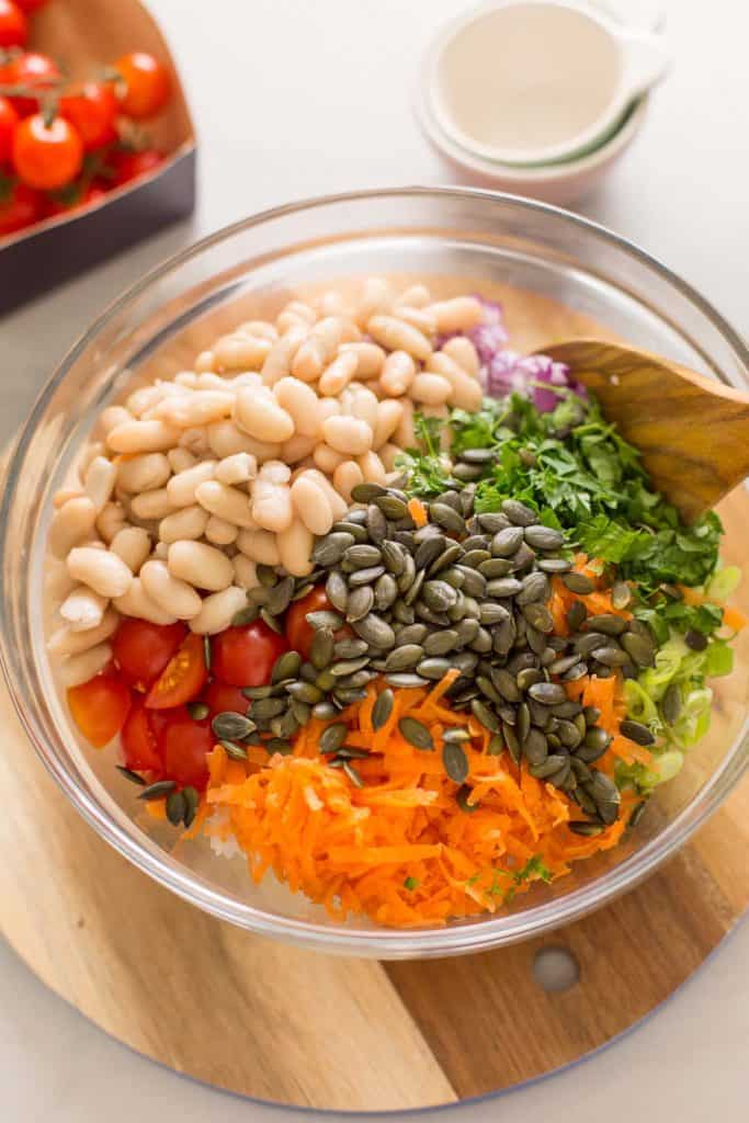 ingredients for bean and rice salad before mixed together