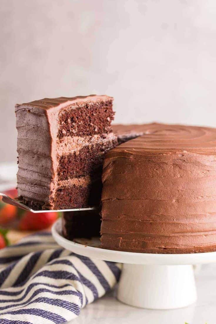 spatula picking up a slice of chocolate cake