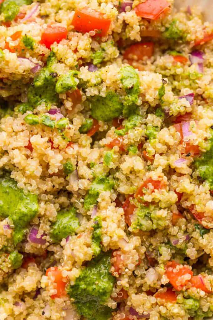 up close picture of tomato quinoa dressing