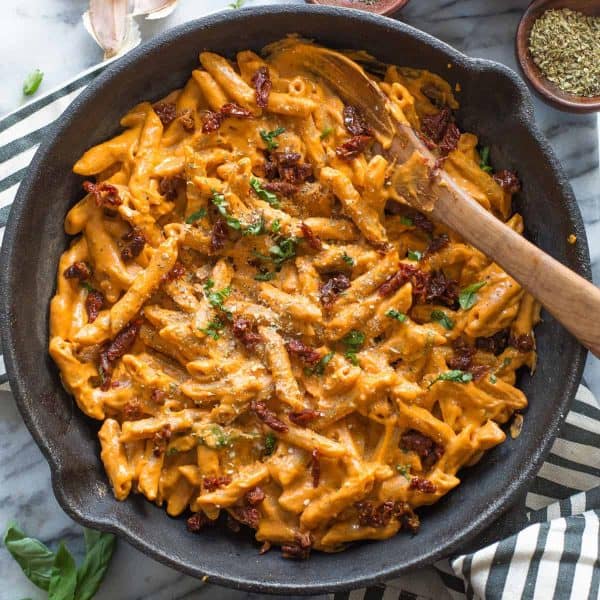 Vegan Sun Dried Tomato Alfredo in a pan