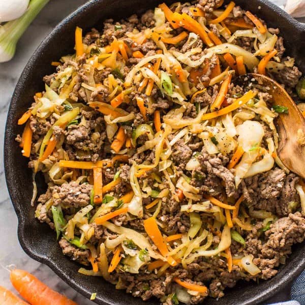 Beef & Cabbage Stir Fry in a cast iron skillet