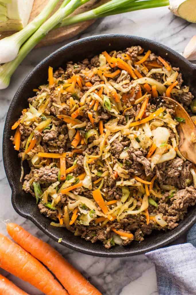 Beef and Cabbage Stir Fry in a cast iron skillet