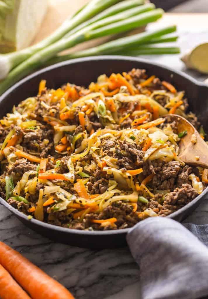 up close Beef and Cabbage Stir Fry in skillet