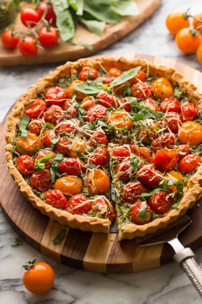 Almond Flour Tomato Tart with a slice cut out