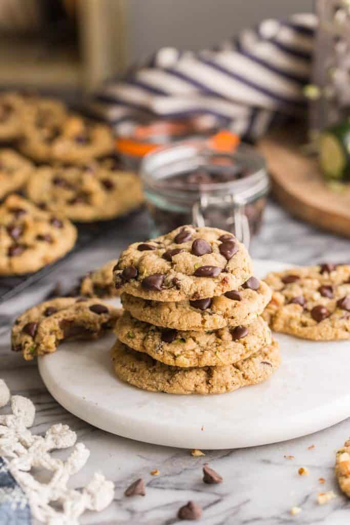 a stack of four Chocolate Chip Almond Flour Zucchini Cookies on a serving board