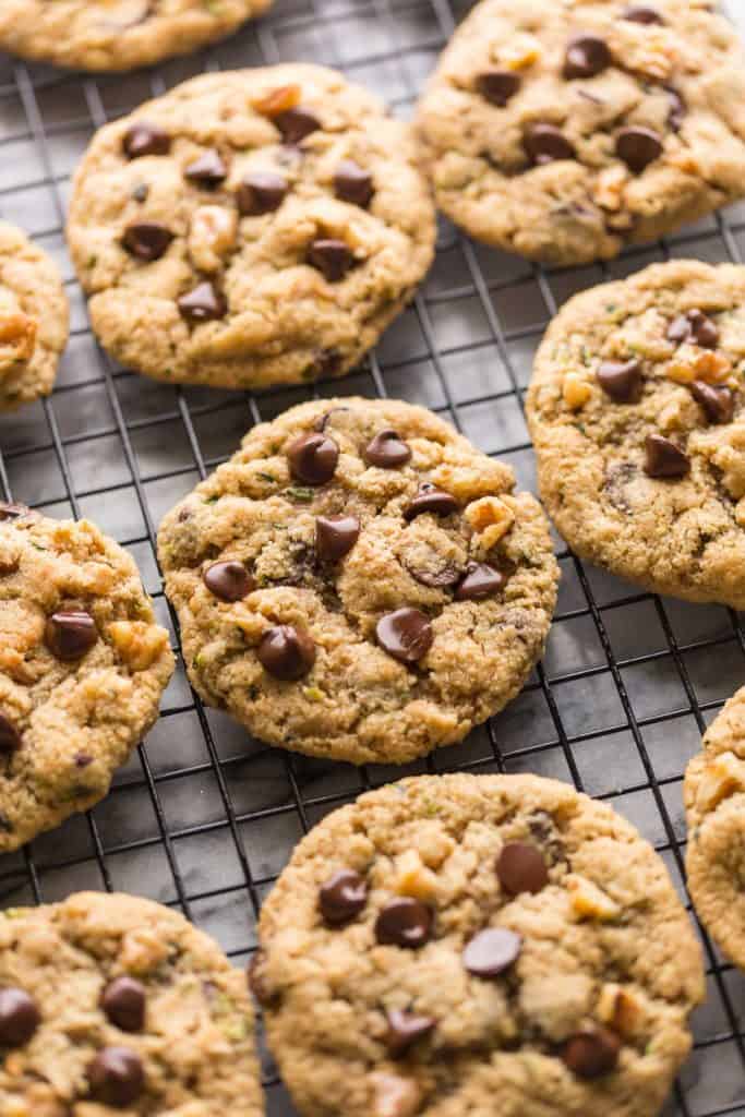 Chocolate Chip Almond Flour Zucchini Cookies cooling on a wire rack