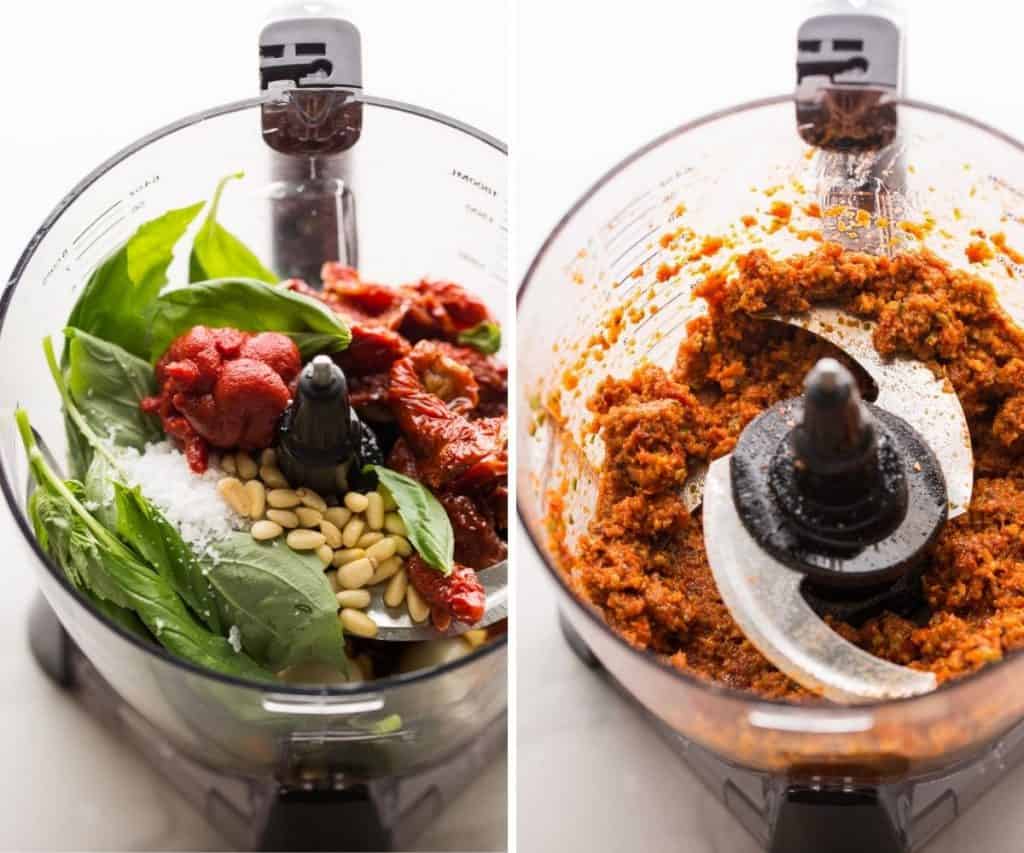 pesto rosso ingredients in a food processor before and after blending