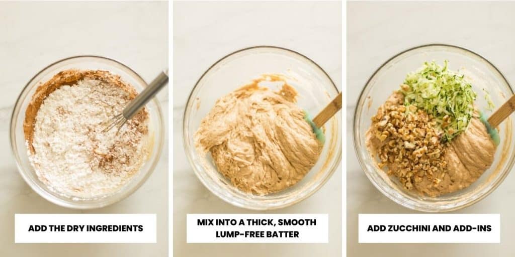 zucchini bread batter collage - mixing the wet and dry ingredients together