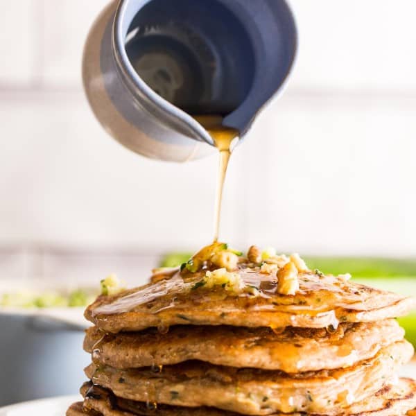 zucchini bread pancakes stack with syrup