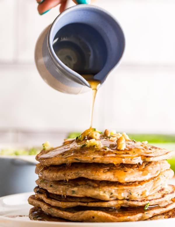 zucchini bread pancakes stack with syrup