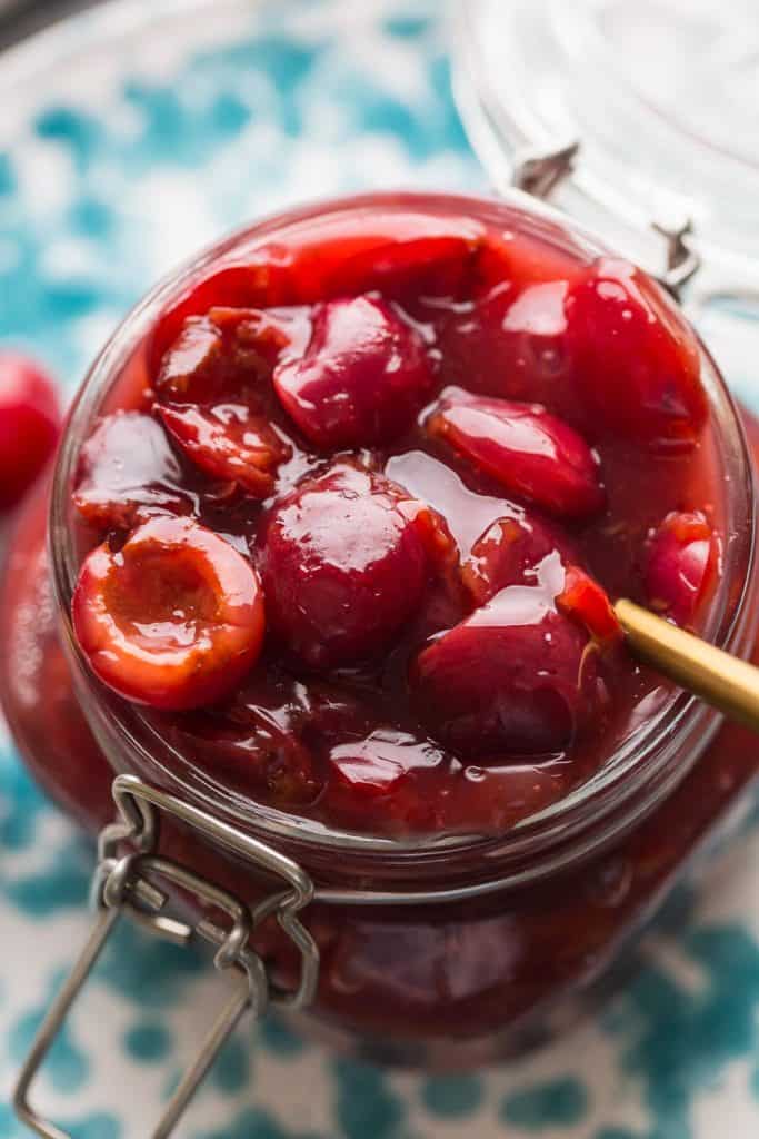 up close cherry pie filling in a mason jar