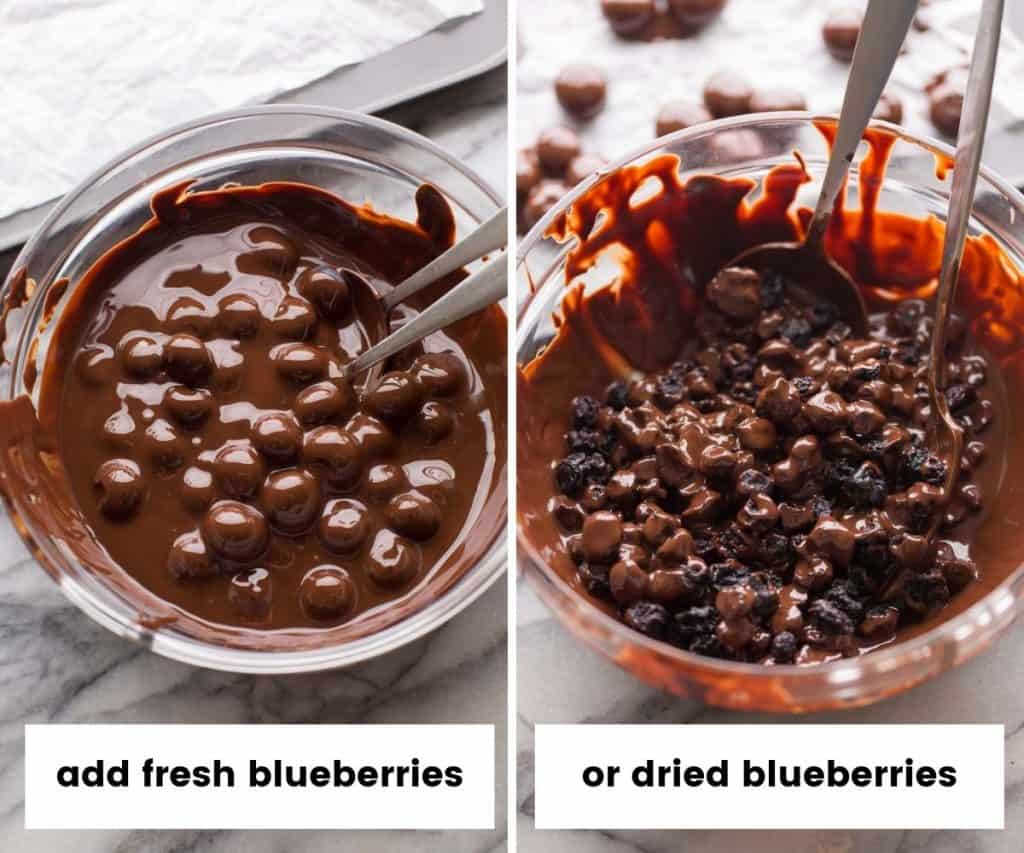 fresh and dried blueberries in a bowl of chocolate