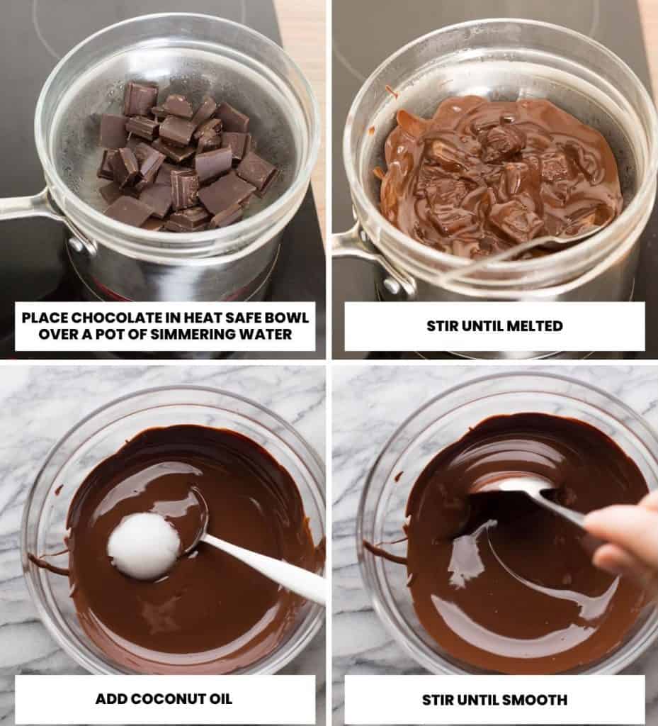 a collage showing how to melted chocolate with a double broil method