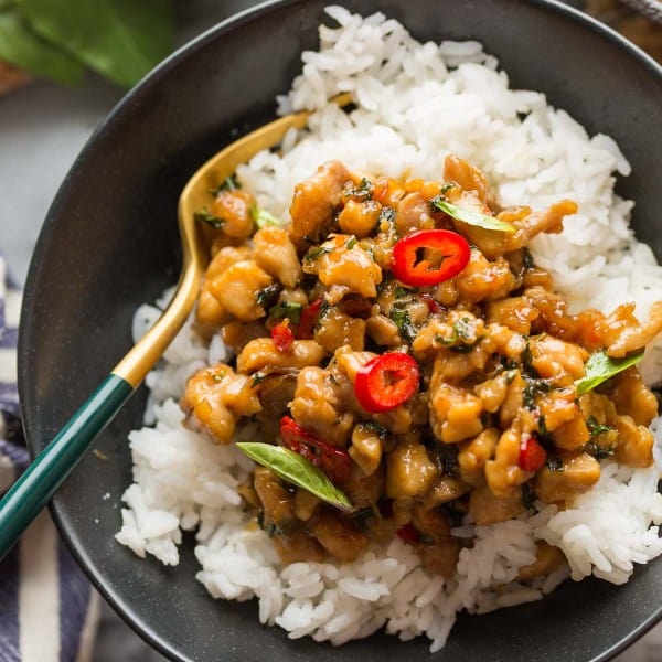 Pad Krapow Gai (Thai Basil Chicken) in a bowl with rice