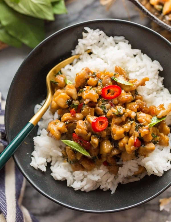 Pad Krapow Gai (Thai Basil Chicken) in a bowl with rice