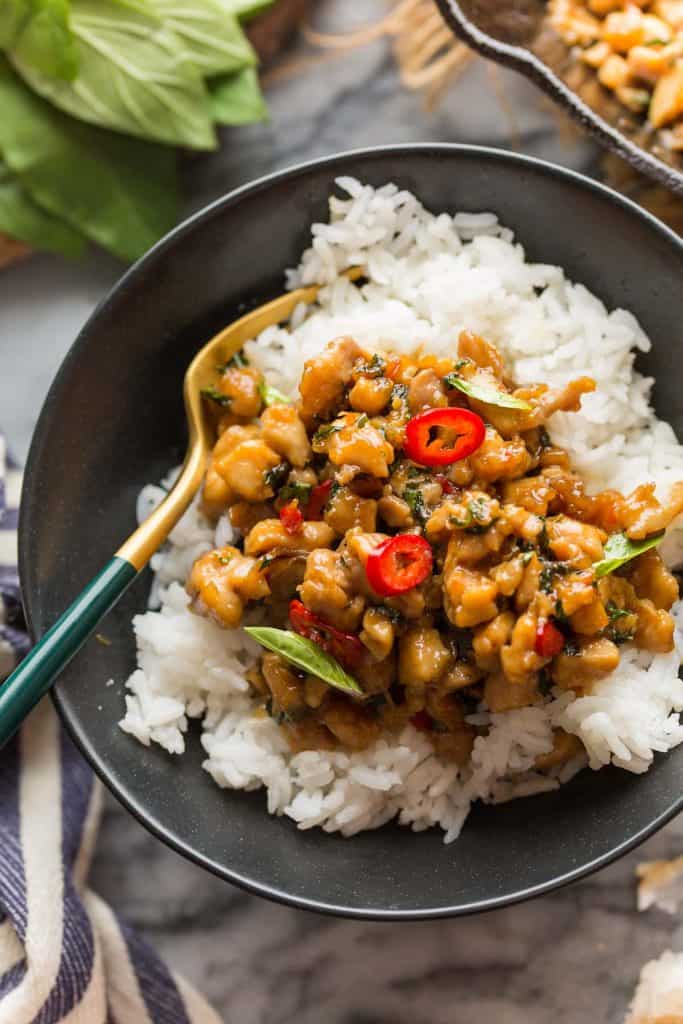 Pad Krapow Gai in a bowl with rice