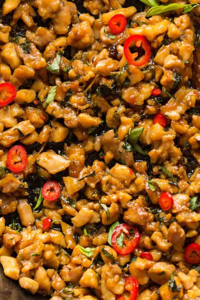 up close picture of Thai Basil Chicken (Pad Krapow Gai)